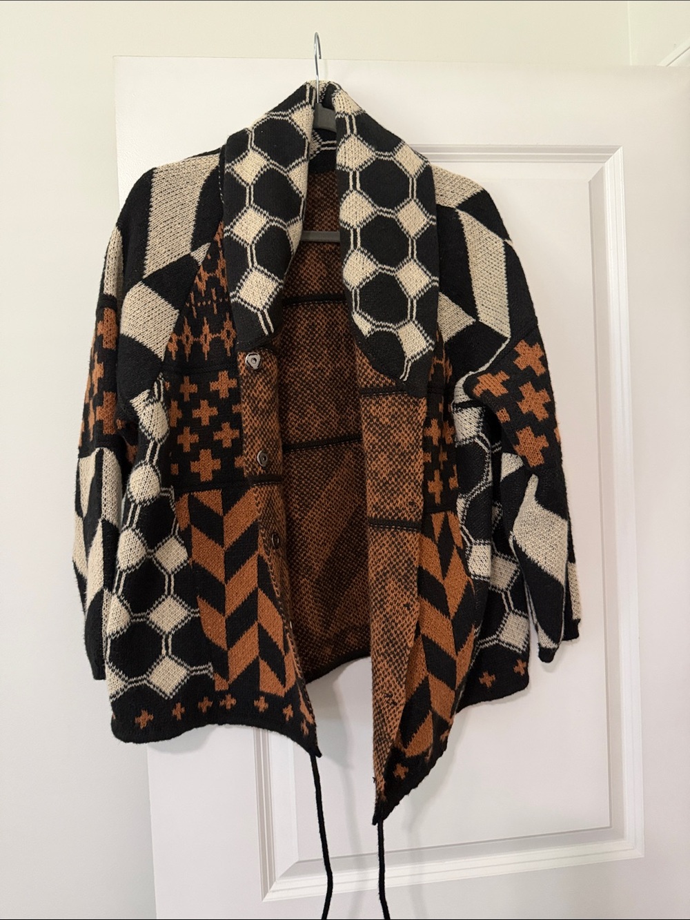 Amazon Geometric Open-Front Cardigan in Black, Cream & Brown